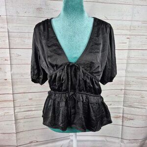 Lush Womens Size Large Black Satin Top Whimsigoth Coquette Y2K Grunge Peplum